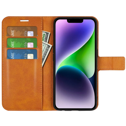 Calf Texture Leather Cover for iPhone 15 Square Magnetic Closure Stand Wallet Phone Case - Yellow - 2