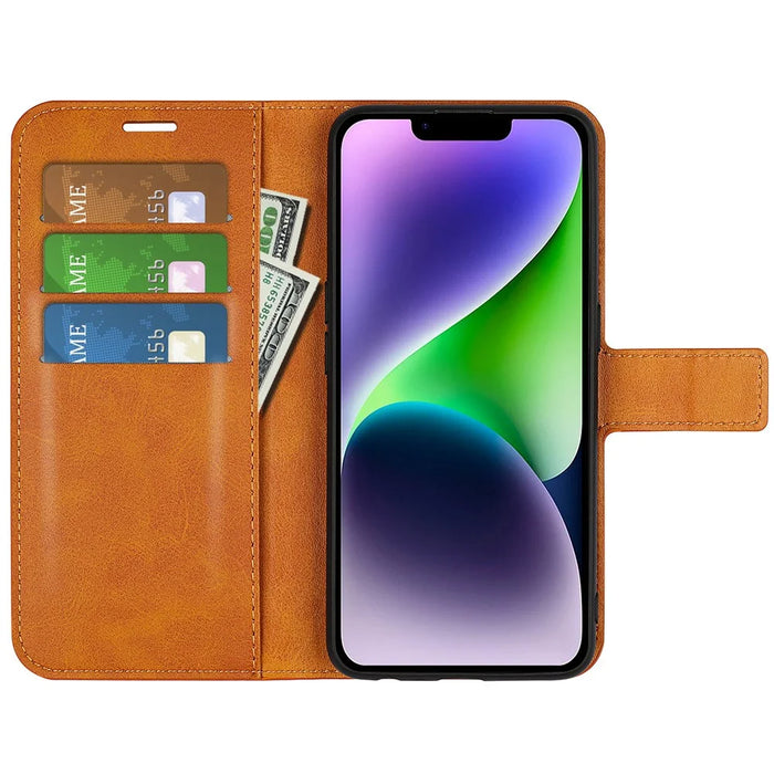Calf Texture Leather Cover for iPhone 15 Square Magnetic Closure Stand Wallet Phone Case - Yellow - 2