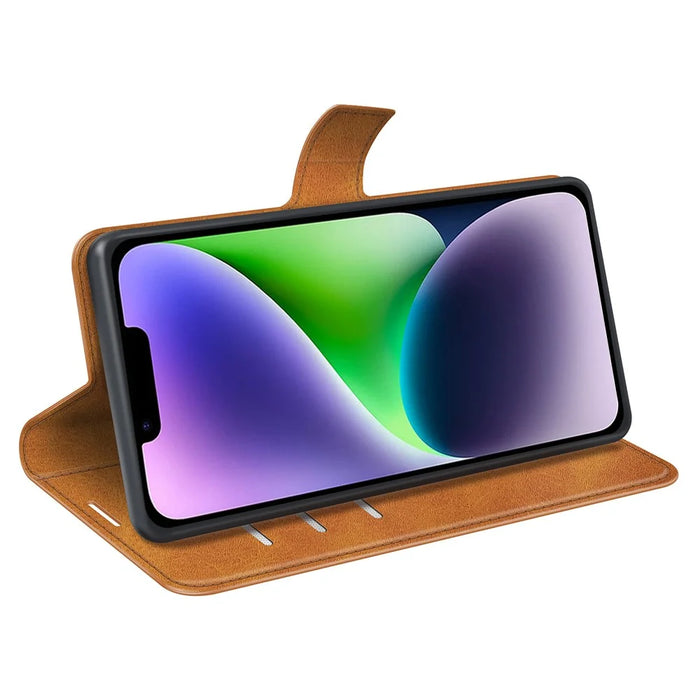Calf Texture Leather Cover for iPhone 15 Square Magnetic Closure Stand Wallet Phone Case - Yellow - 3