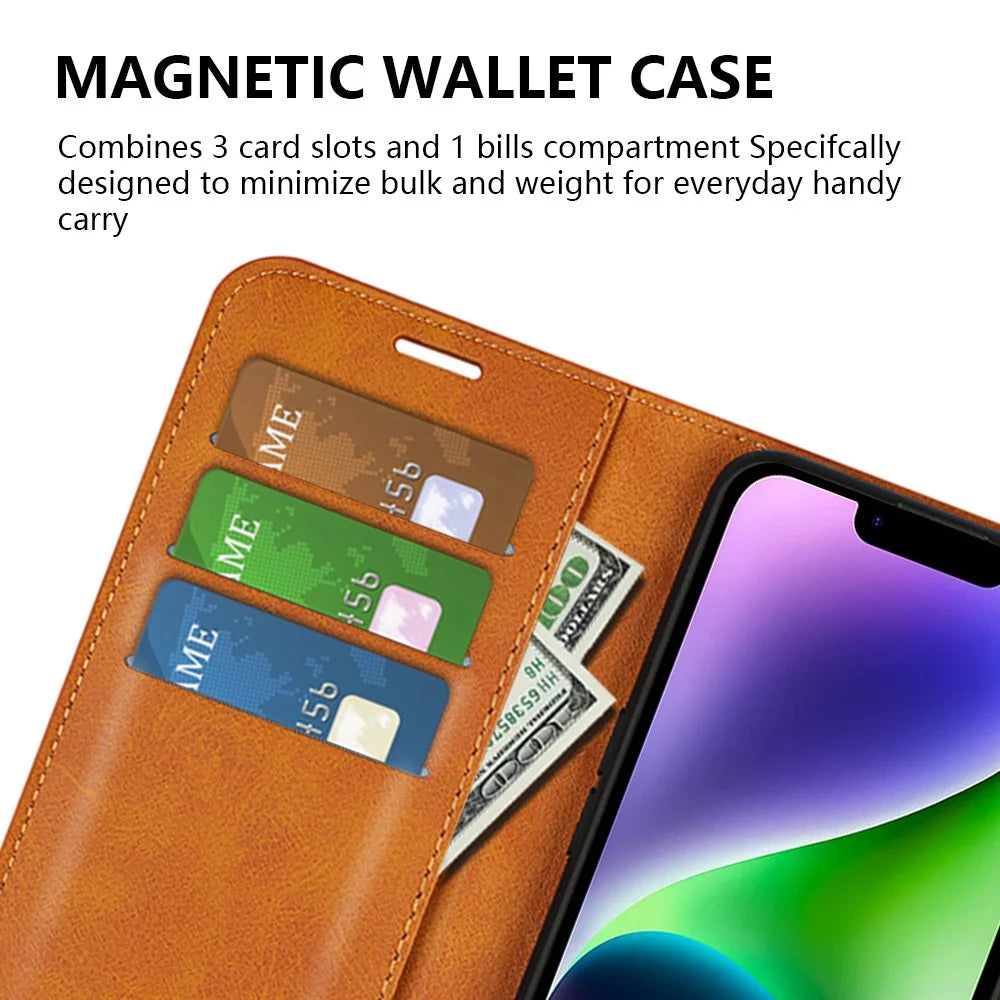Calf Texture Leather Cover for iPhone 15 Square Magnetic Closure Stand Wallet Phone Case - Yellow - 4