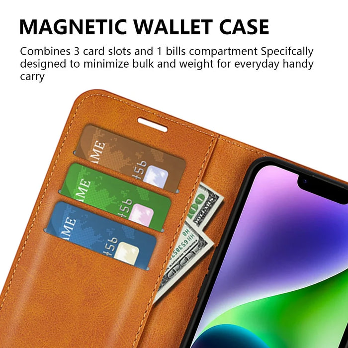 Calf Texture Leather Cover for iPhone 15 Square Magnetic Closure Stand Wallet Phone Case - Yellow - 4