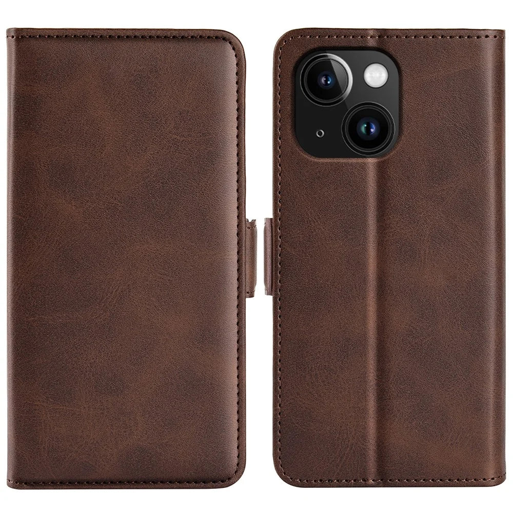 For iPhone 15 Fully Wrapped PU Leather Wallet Phone Cover Calf Texture Stand Phone Case - Brown - 1