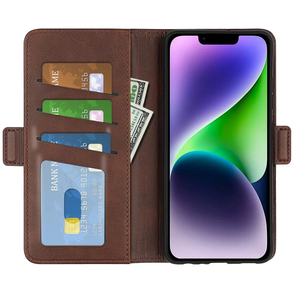 For iPhone 15 Fully Wrapped PU Leather Wallet Phone Cover Calf Texture Stand Phone Case - Brown - 2