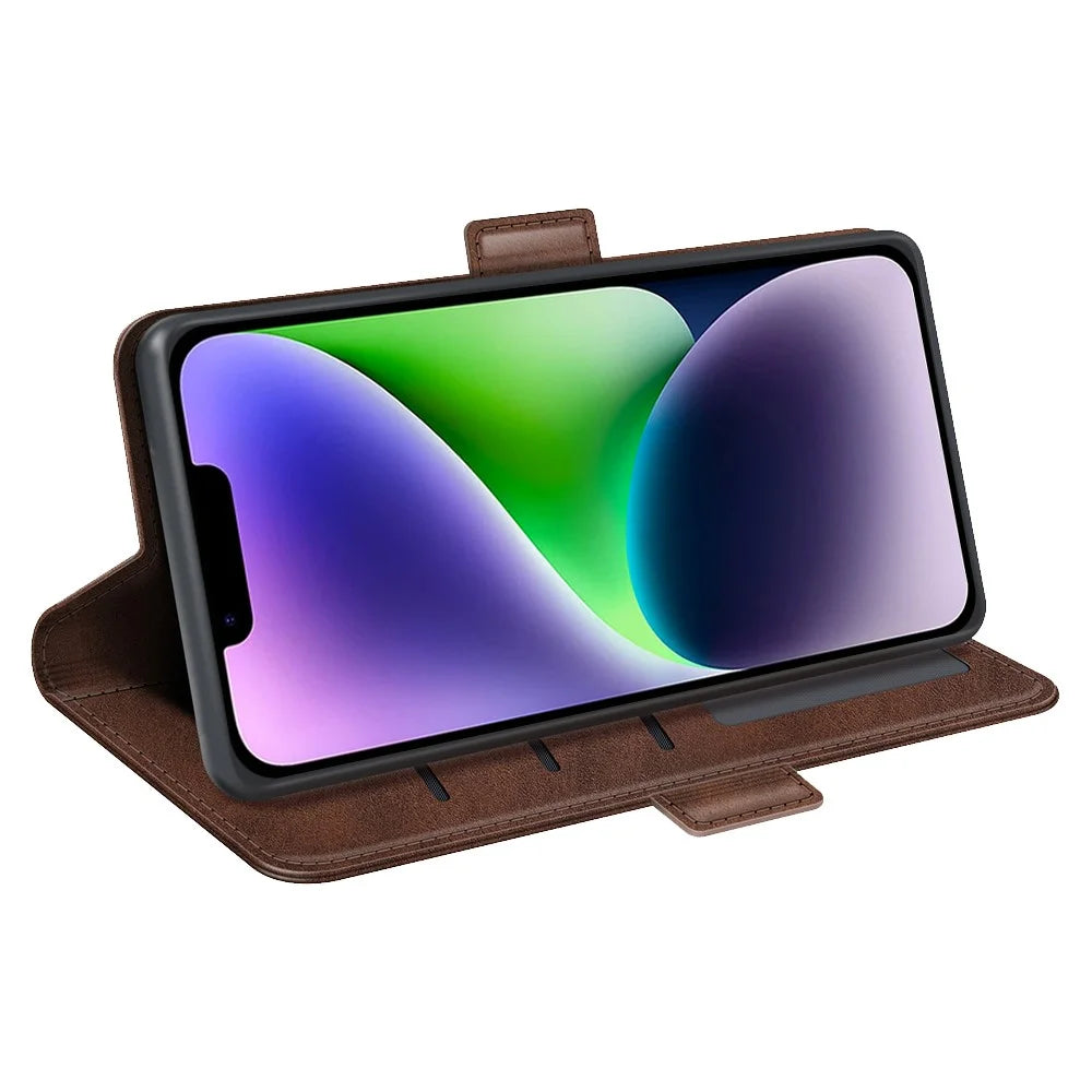 For iPhone 15 Fully Wrapped PU Leather Wallet Phone Cover Calf Texture Stand Phone Case - Brown - 3