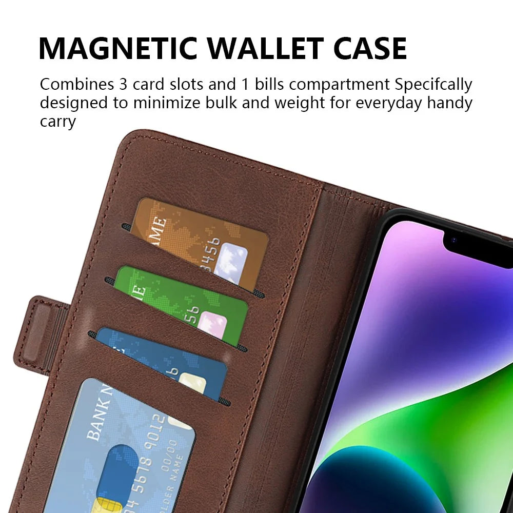For iPhone 15 Fully Wrapped PU Leather Wallet Phone Cover Calf Texture Stand Phone Case - Brown - 5