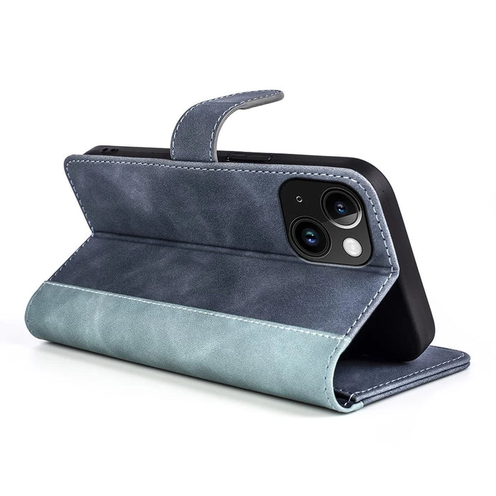For iPhone 15 Dual-color Splicing Magnetic Clasp PU Leather Wallet Phone Cover Drop-proof Case - Blue - 3