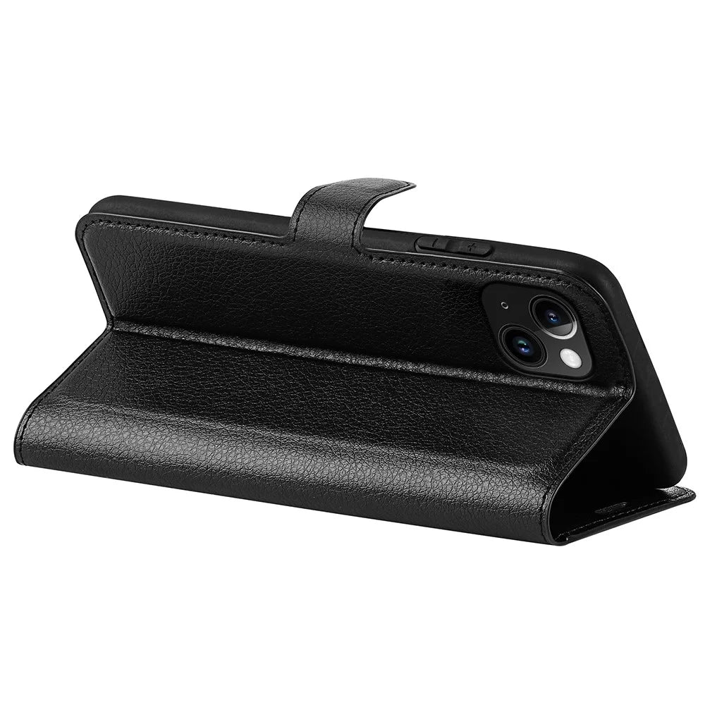 For iPhone 15 PU Leather Litchi Texture Stand Phone Case Wallet Flip Phone Cover - Black - 4