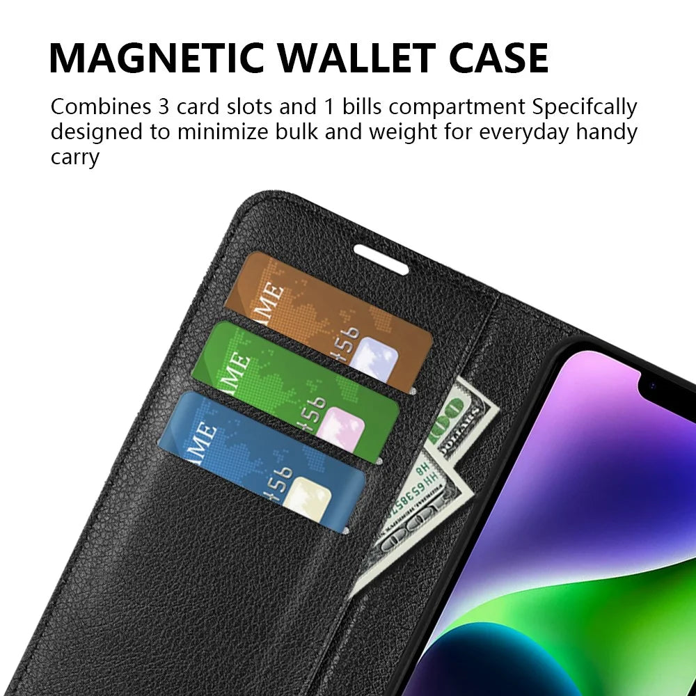 For iPhone 15 PU Leather Litchi Texture Stand Phone Case Wallet Flip Phone Cover - Black - 6
