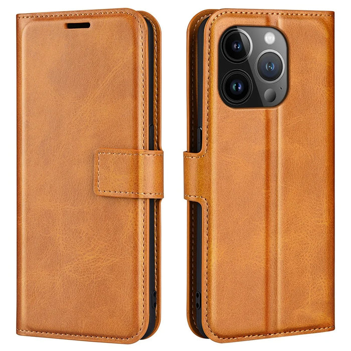 For iPhone 15 Pro Max Calf Texture Leather Cover Square Magnetic Closure Stand Wallet Phone Case - Yellow - 1