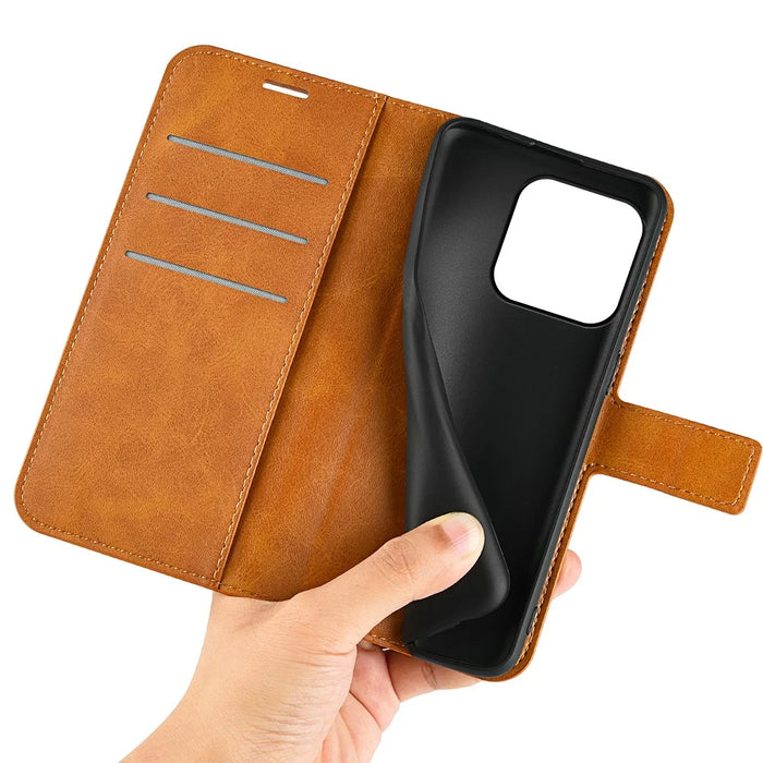 For iPhone 15 Pro Max Calf Texture Leather Cover Square Magnetic Closure Stand Wallet Phone Case - Yellow - 4