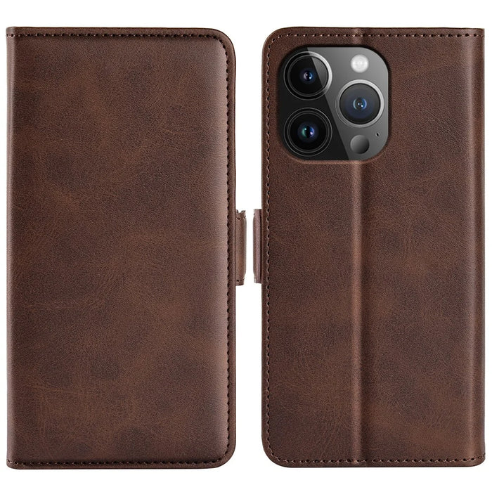 For iPhone 15 Pro Max Anti-Scratch PU Leather Wallet Phone Cover Calf Texture Stand Full Protection Phone Case - Brown - 1