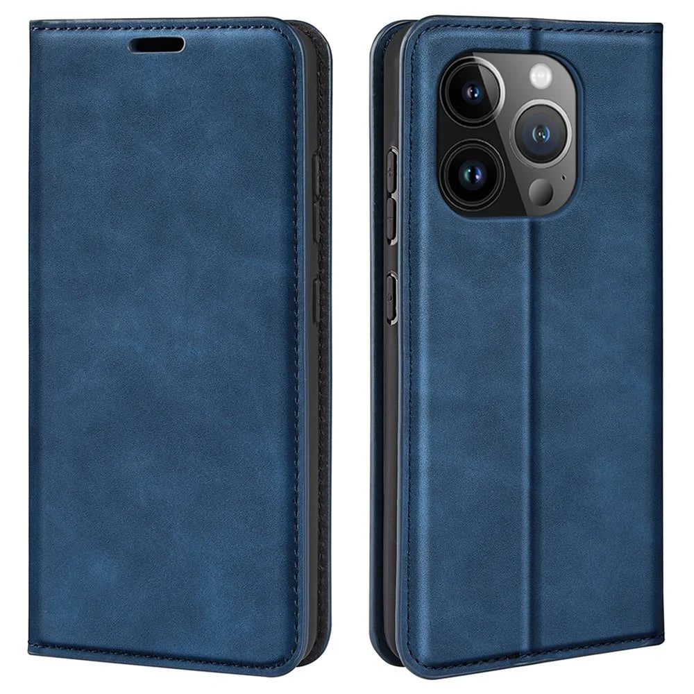 For iPhone 15 Pro Max PU Leather Wallet Flip Case Anti-scratch Skin-touch Stand Cover - Blue - 1