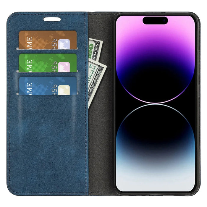 For iPhone 15 Pro Max PU Leather Wallet Flip Case Anti-scratch Skin-touch Stand Cover - Blue - 2