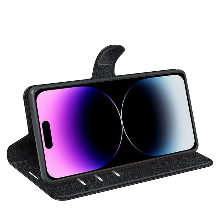 For iPhone 15 Pro Max Anti-Scratch Litchi Texture Phone Cover Wallet Flip PU Leather Phone Case - Black - 3