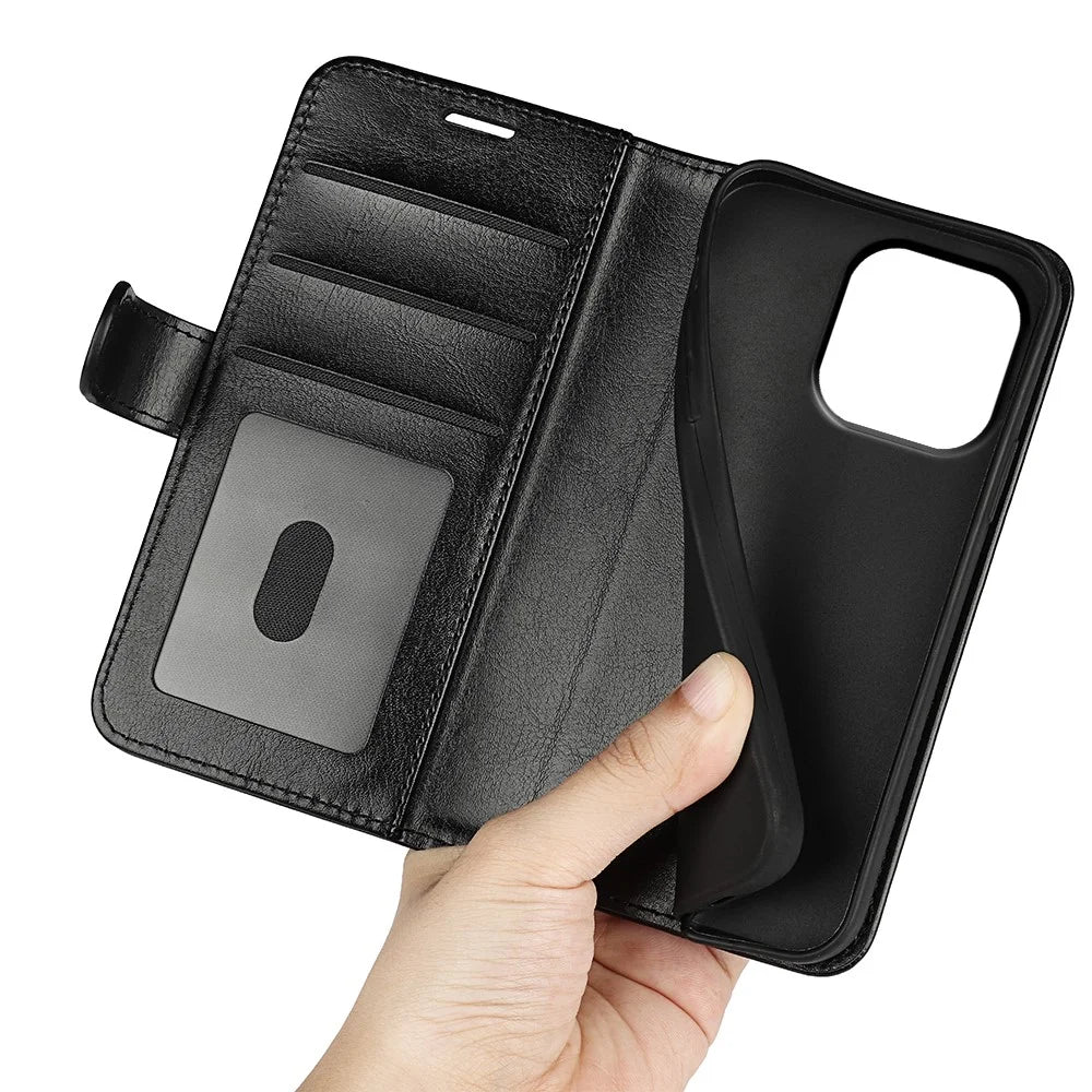TPU+PU Leather Stand Phone Case for iPhone 15 Pro Max , Wallet Crazy Horse Texture Flip Cover Shell - Black - 5
