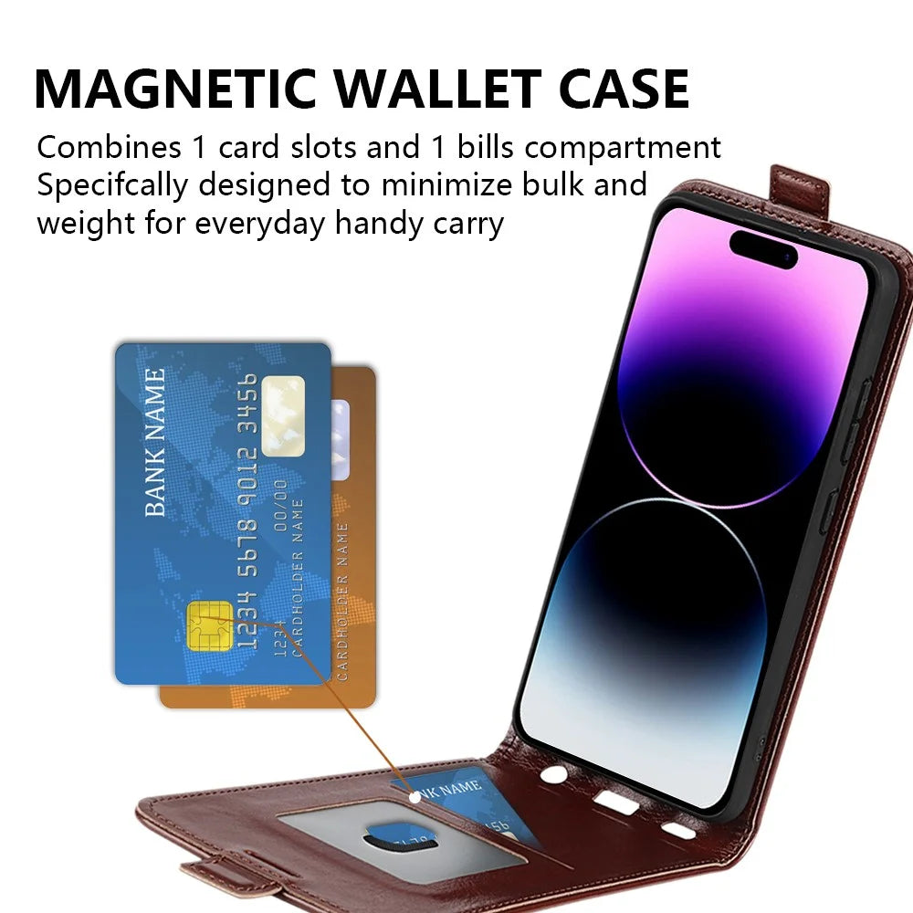 Cell Phone Case for iPhone 15 Pro Max , Drop Protection Vertical Flip PU Leather Phone Cover with Card Slot - Brown - 4