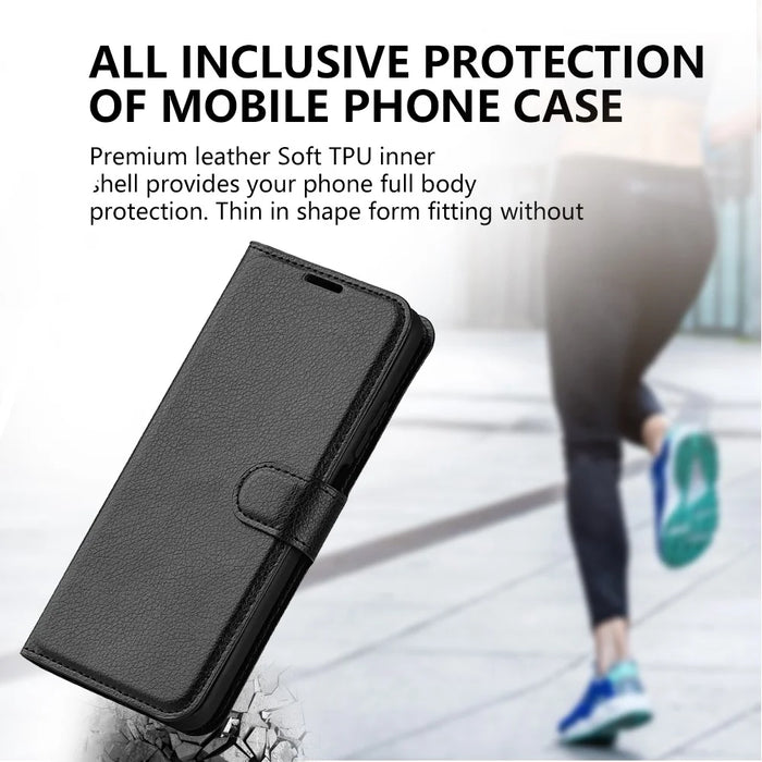 For iPhone 15 Pro Shockproof Wallet Phone Cover PU Leather Litchi Texture Stand Mobile Phone Case - Black - 7