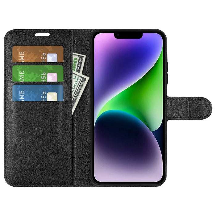 Stand Phone Case for iPhone 15 Plus PU Leather Litchi Texture Wallet Folio Flip Phone Cover - Black - 2