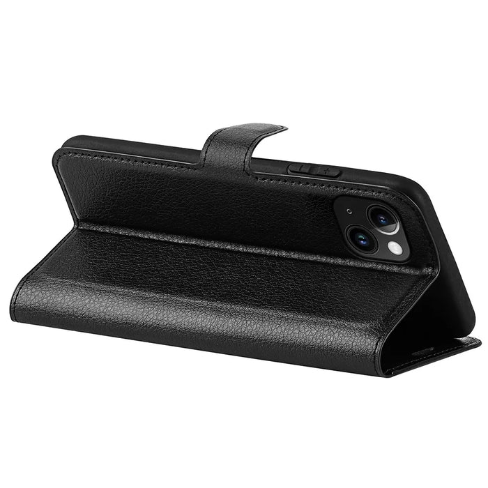 Stand Phone Case for iPhone 15 Plus PU Leather Litchi Texture Wallet Folio Flip Phone Cover - Black - 4