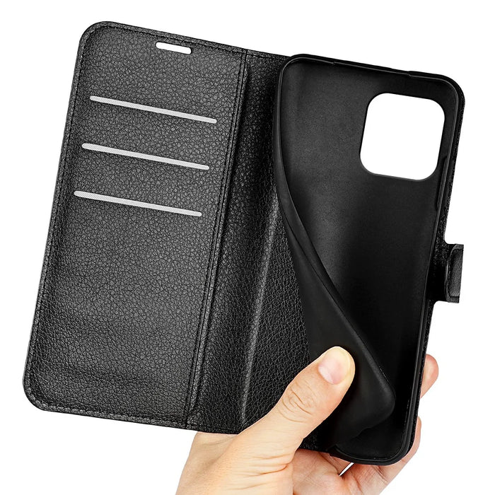 Stand Phone Case for iPhone 15 Plus PU Leather Litchi Texture Wallet Folio Flip Phone Cover - Black - 5