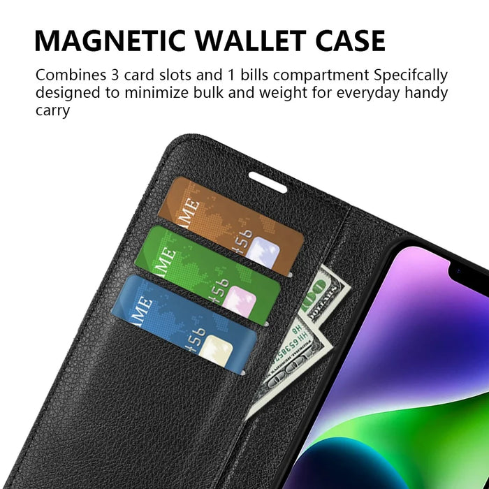 Stand Phone Case for iPhone 15 Plus PU Leather Litchi Texture Wallet Folio Flip Phone Cover - Black - 6