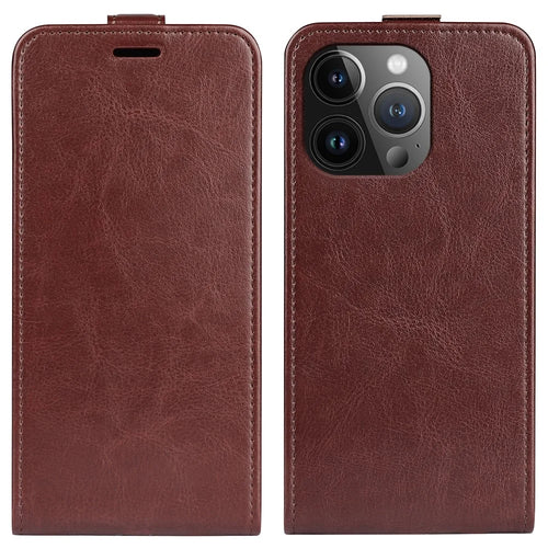 For iPhone 15 Pro Vertical Flip Case TPU+PU Leather Phone Shell Mobile Phone Cover with Card Slots - Brown - 1