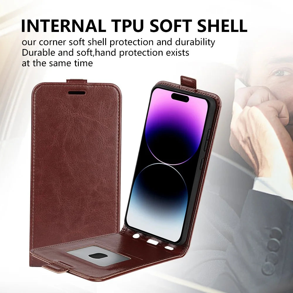 For iPhone 15 Pro Vertical Flip Case TPU+PU Leather Phone Shell Mobile Phone Cover with Card Slots - Brown - 5