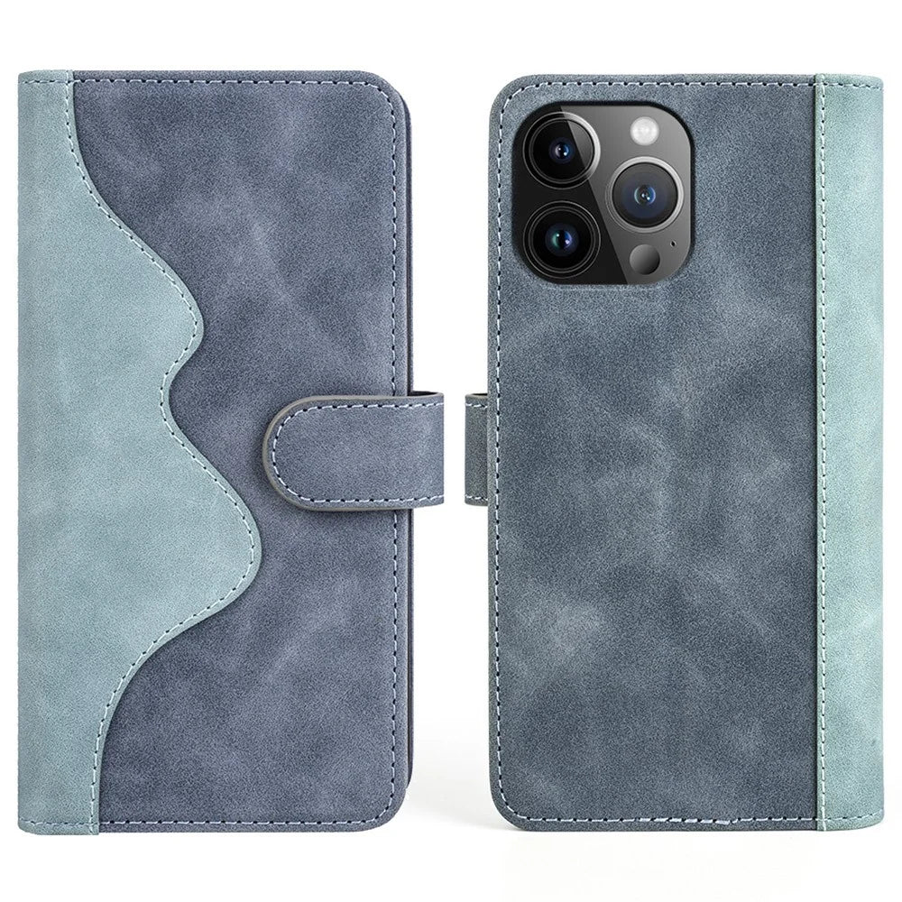 Phone Cover for iPhone 15 Pro Dual-color Splicing Magnetic Clasp PU Leather Wallet Drop-proof Case - Blue - 1