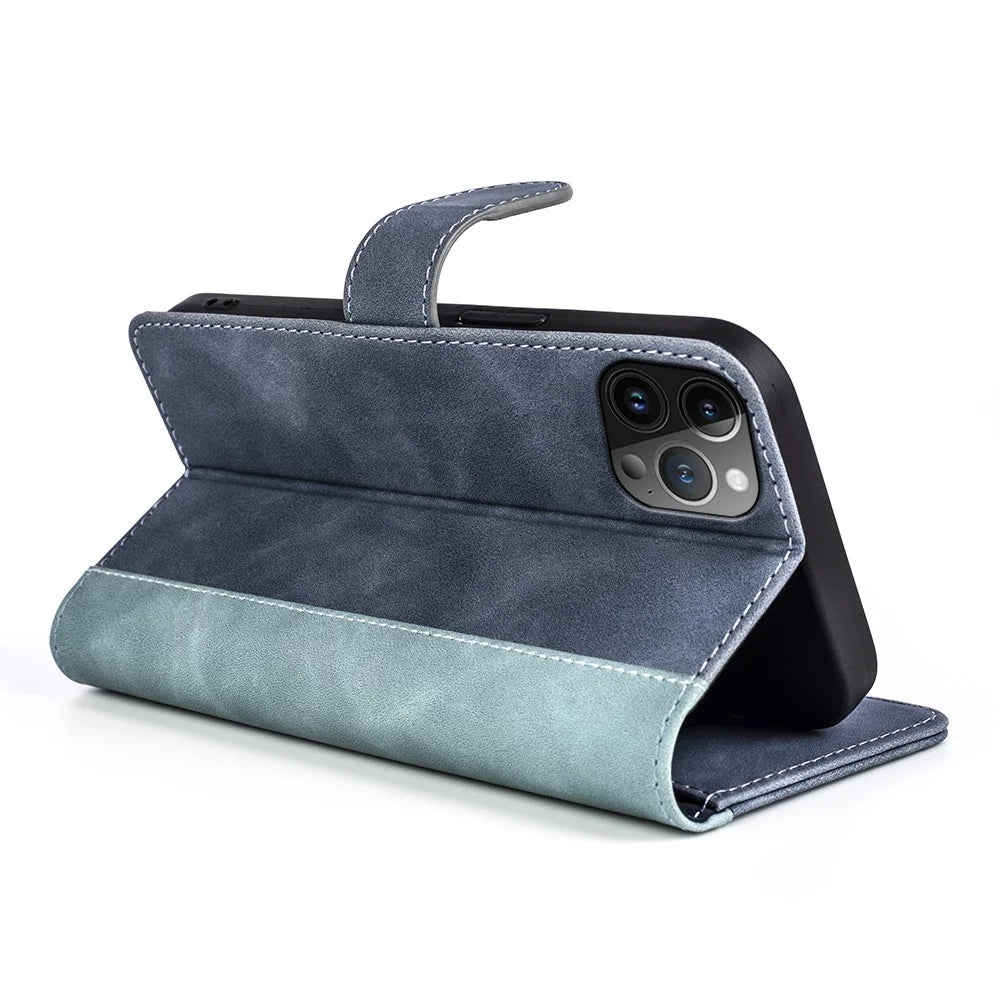 Phone Cover for iPhone 15 Pro Dual-color Splicing Magnetic Clasp PU Leather Wallet Drop-proof Case - Blue - 3