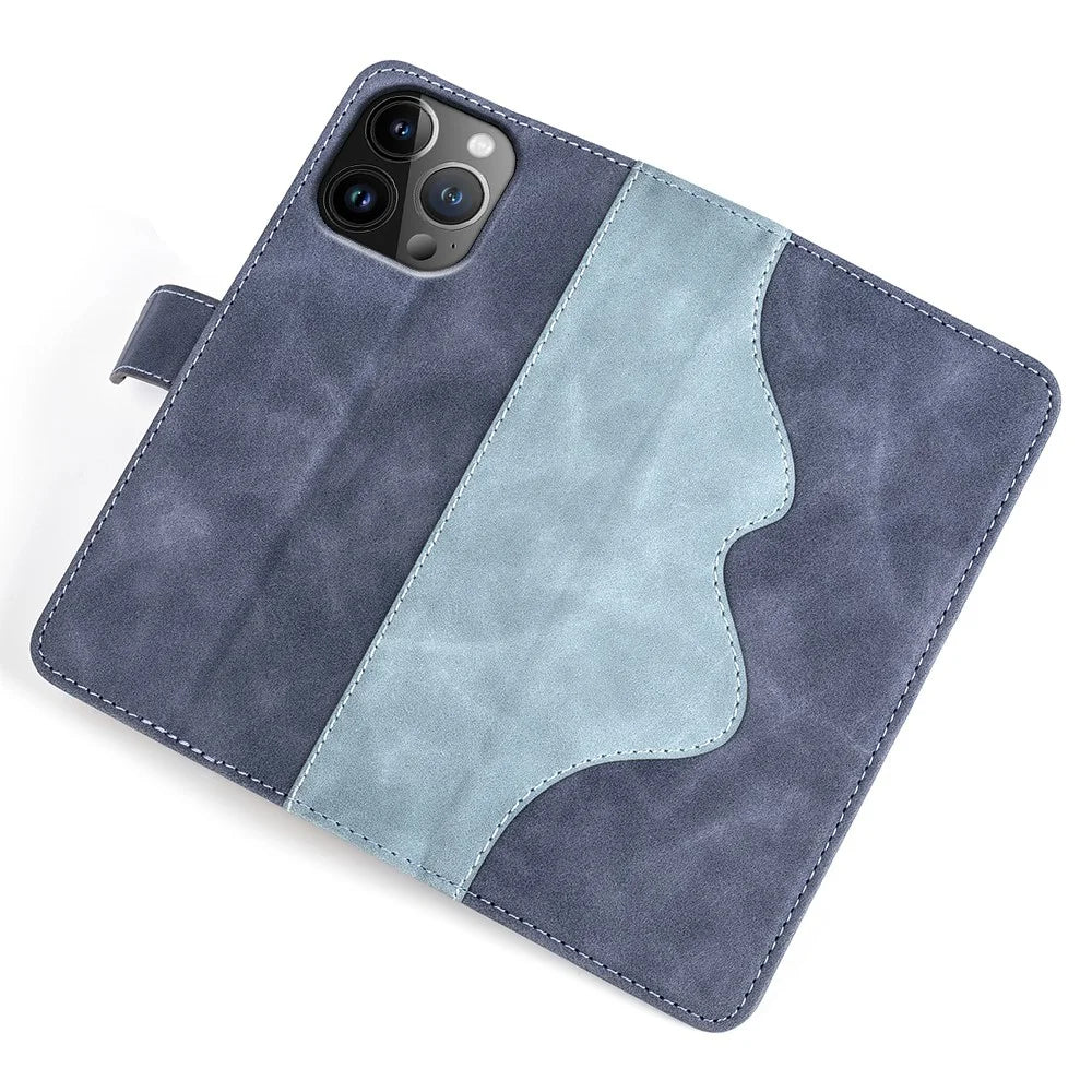 Phone Cover for iPhone 15 Pro Dual-color Splicing Magnetic Clasp PU Leather Wallet Drop-proof Case - Blue - 4