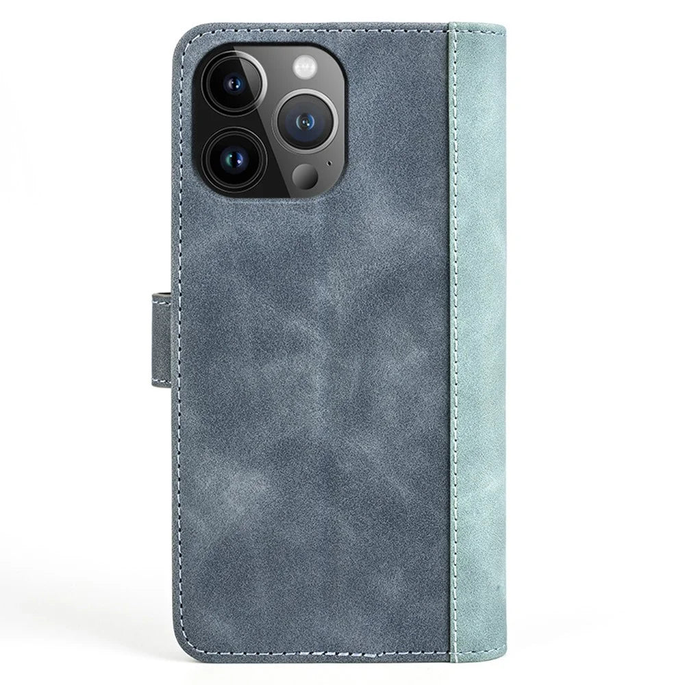 Phone Cover for iPhone 15 Pro Dual-color Splicing Magnetic Clasp PU Leather Wallet Drop-proof Case - Blue - 7