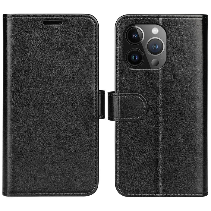 For iPhone 15 Pro PU Leather Stand Phone Case Crazy Horse Texture Wallet Folio Flip Cover - Black - 1