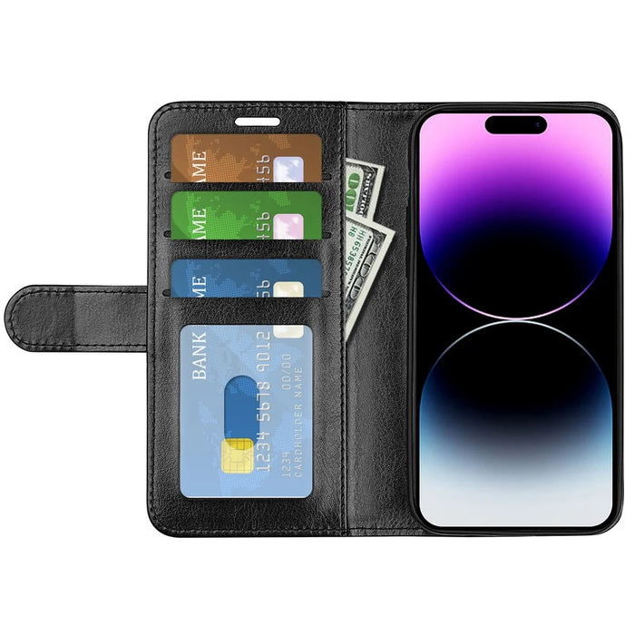 For iPhone 15 Pro PU Leather Stand Phone Case Crazy Horse Texture Wallet Folio Flip Cover - Black - 2