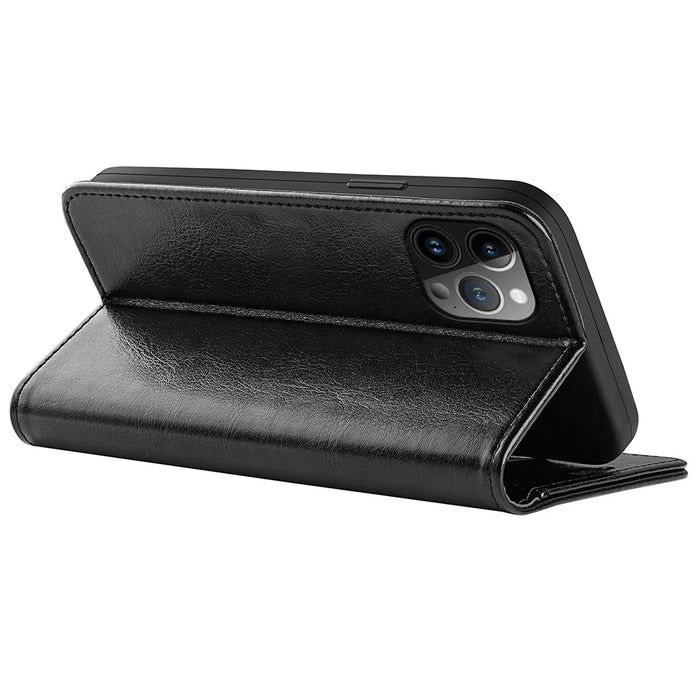 For iPhone 15 Pro PU Leather Stand Phone Case Crazy Horse Texture Wallet Folio Flip Cover - Black - 4
