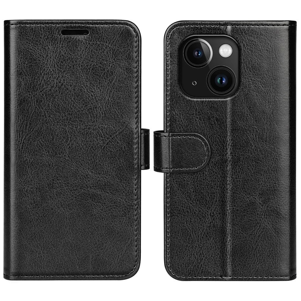 For iPhone 15 Plus PU Leather Stand Phone Case Crazy Horse Texture Wallet Folio Flip Cover - Black - 1