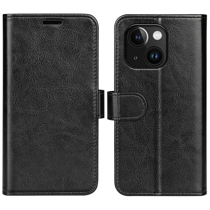 For iPhone 15 Plus PU Leather Stand Phone Case Crazy Horse Texture Wallet Folio Flip Cover - Black - 1