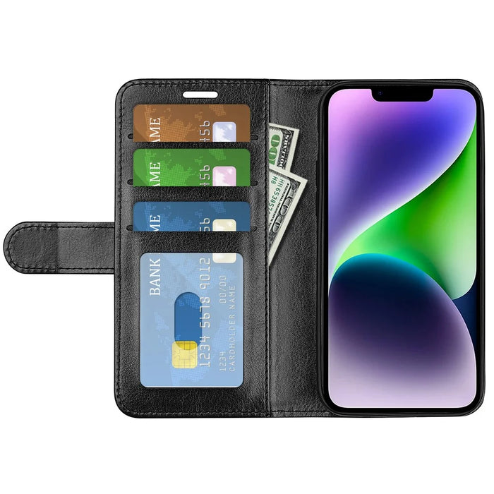 For iPhone 15 Plus PU Leather Stand Phone Case Crazy Horse Texture Wallet Folio Flip Cover - Black - 2