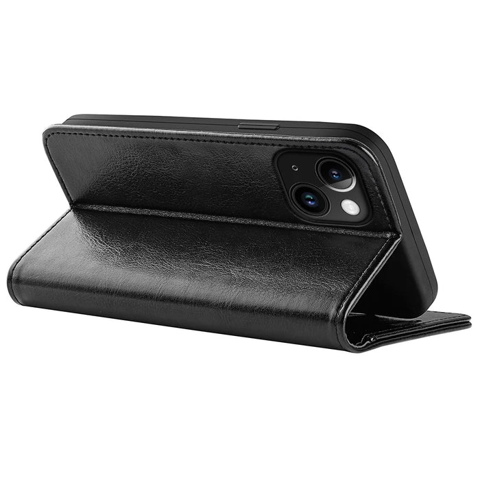 For iPhone 15 Plus PU Leather Stand Phone Case Crazy Horse Texture Wallet Folio Flip Cover - Black - 4