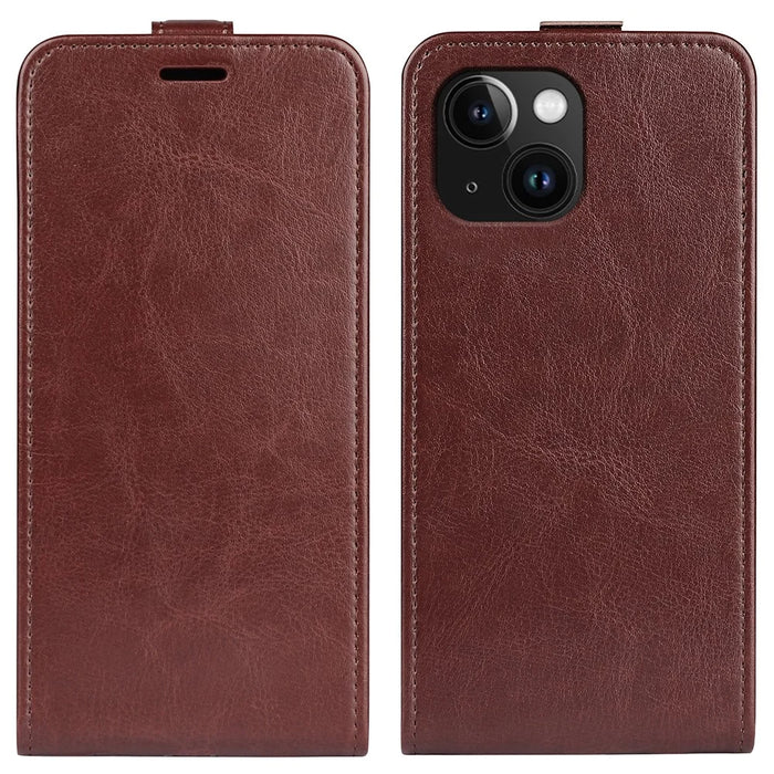 Card Slot Phone Case for iPhone 15 Plus , Anti-Scratch Vertical Flip PU Leather Cell Phone Cover - Brown - 1