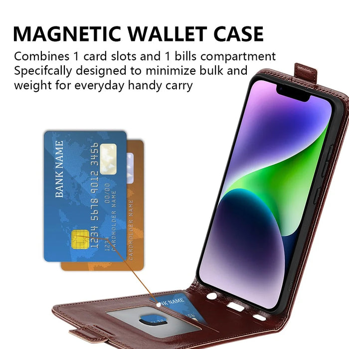 Card Slot Phone Case for iPhone 15 Plus , Anti-Scratch Vertical Flip PU Leather Cell Phone Cover - Brown - 4