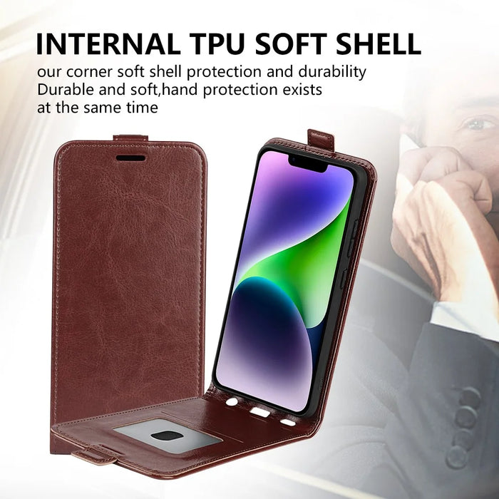 Card Slot Phone Case for iPhone 15 Plus , Anti-Scratch Vertical Flip PU Leather Cell Phone Cover - Brown - 5