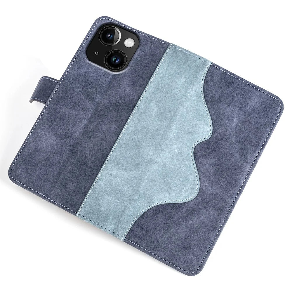 Phone Cover for iPhone 15 Plus Fall Proof Dual-color Splicing Magnetic Clasp PU Leather Wallet Case - Blue - 4