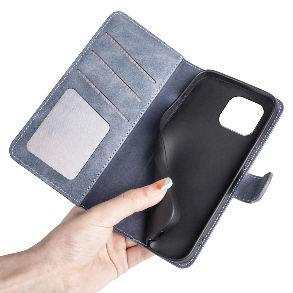 Phone Cover for iPhone 15 Plus Fall Proof Dual-color Splicing Magnetic Clasp PU Leather Wallet Case - Blue - 5