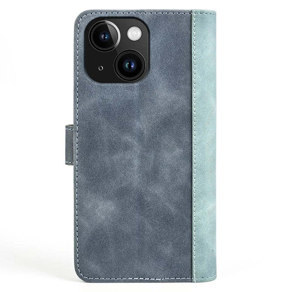 Phone Cover for iPhone 15 Plus Fall Proof Dual-color Splicing Magnetic Clasp PU Leather Wallet Case - Blue - 7