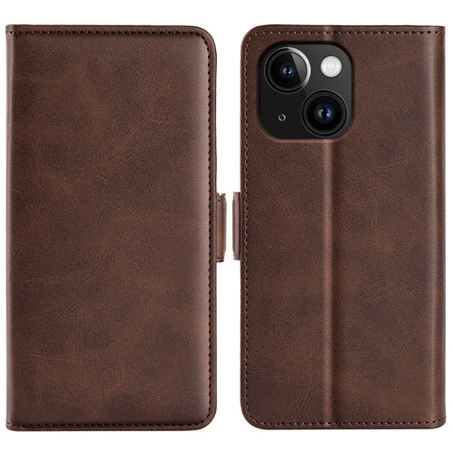 For iPhone 15 Plus PU Leather Wallet Phone Cover Calf Texture Stand Full Protection Phone Case - Brown - 1