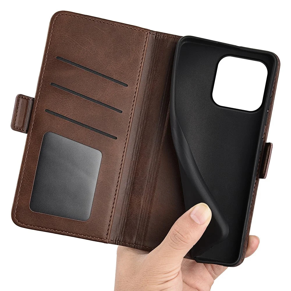 For iPhone 15 Plus PU Leather Wallet Phone Cover Calf Texture Stand Full Protection Phone Case - Brown - 4