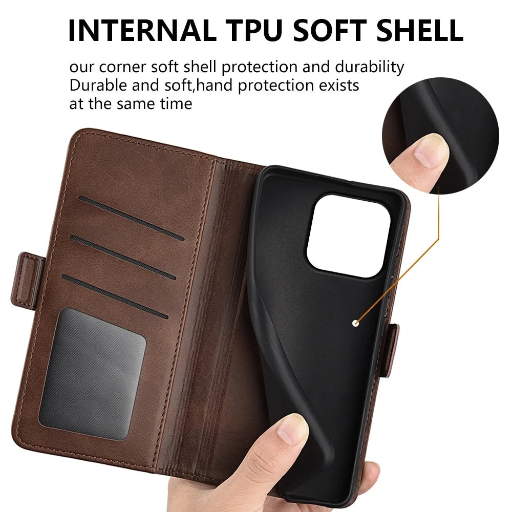 For iPhone 15 Plus PU Leather Wallet Phone Cover Calf Texture Stand Full Protection Phone Case - Brown - 6