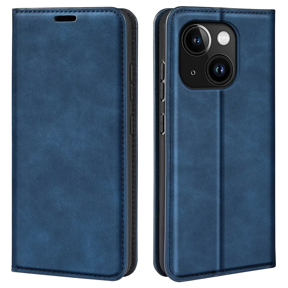 For iPhone 15 Plus Shockproof PU Leather Wallet Flip Case Skin-touch Stand Cover - Blue - 1