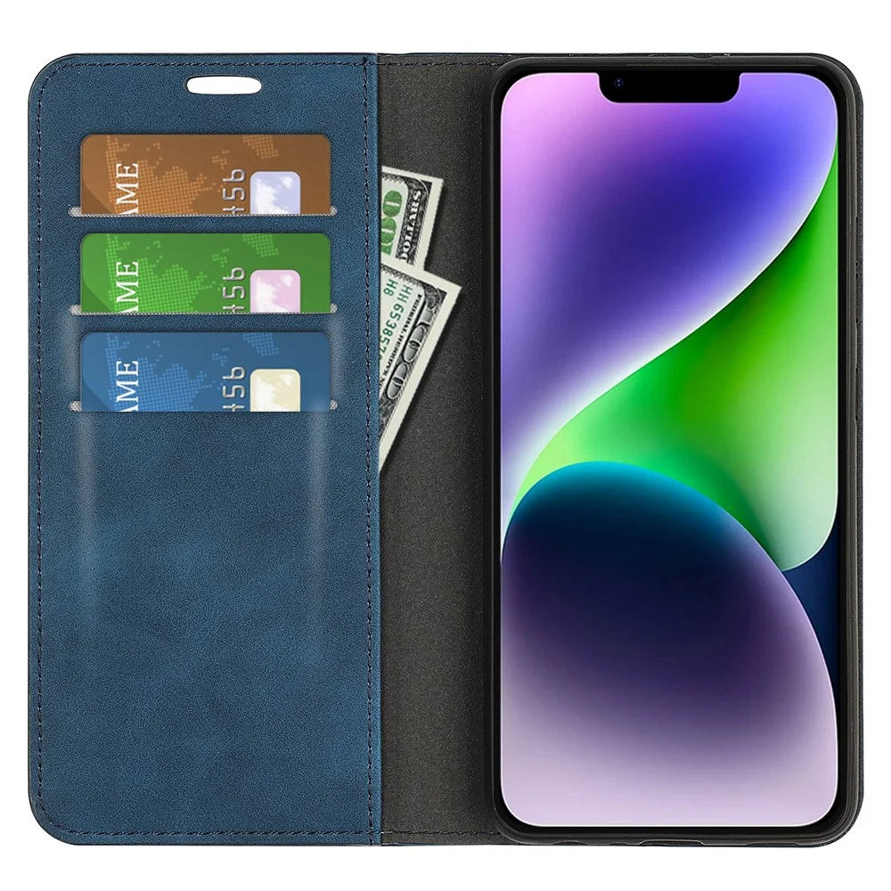For iPhone 15 Plus Shockproof PU Leather Wallet Flip Case Skin-touch Stand Cover - Blue - 2
