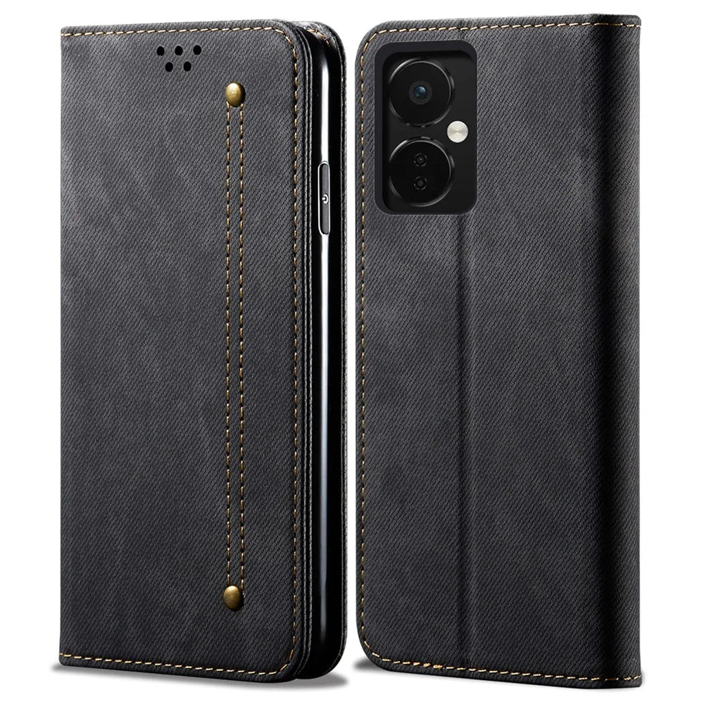 PU Leather Case for OnePlus Nord CE3 5G Stand Wallet Jeans Cloth Texture Phone Cover - Black - 1